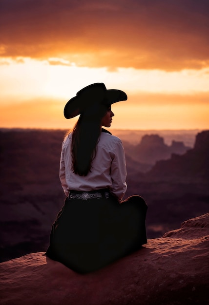 Gratis foto fotorealistisch portret van een vrouwelijke cowboy bij zonsondergang