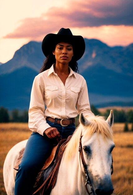 Fotorealistisch portret van een vrouwelijke cowboy bij zonsondergang