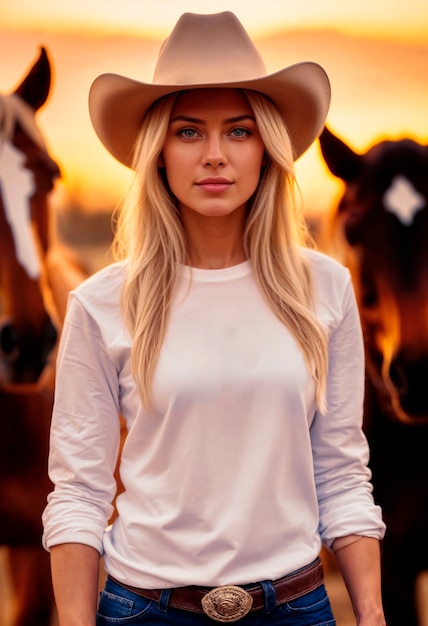 Gratis foto fotorealistisch portret van een vrouwelijke cowboy bij zonsondergang