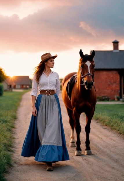 Gratis foto fotorealistisch portret van een vrouwelijke cowboy bij zonsondergang