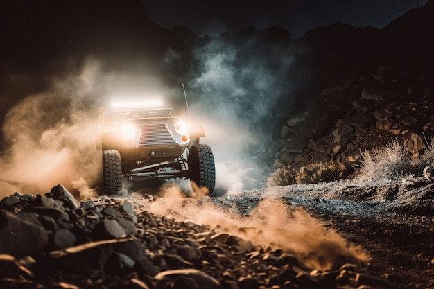 Fotorealistische afbeelding van een off-road auto met natuur, terrein en weersomstandigheden