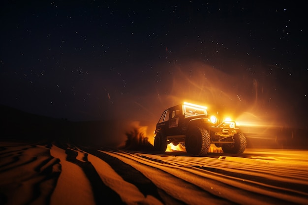 Fotorealistische afbeelding van een off-road auto met natuur, terrein en weersomstandigheden