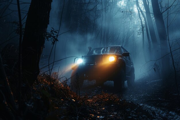 Fotorealistische afbeelding van een off-road auto met natuur, terrein en weersomstandigheden