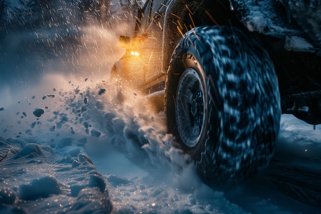 Fotorealistische afbeelding van een off-road auto met natuur, terrein en weersomstandigheden