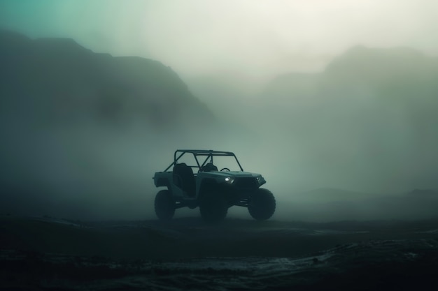 Fotorealistische afbeelding van een off-road auto met natuur, terrein en weersomstandigheden