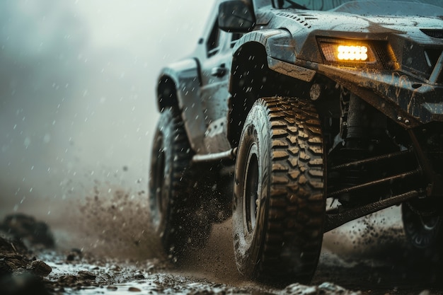 Fotorealistische afbeelding van een off-road auto met natuur, terrein en weersomstandigheden