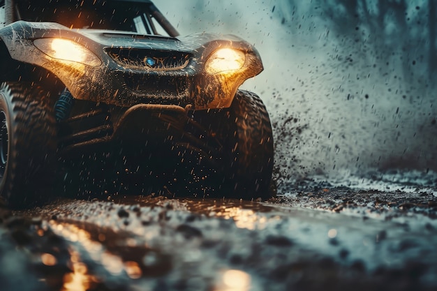 Fotorealistische afbeelding van een off-road auto met natuur, terrein en weersomstandigheden