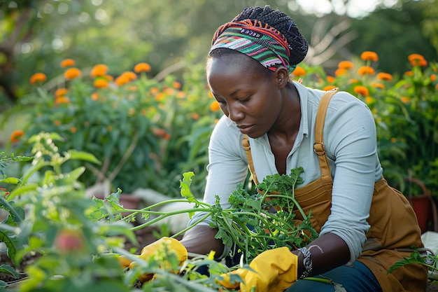 Fotorealistische afbeelding van een vrouw die oogst in een biologische duurzame tuin