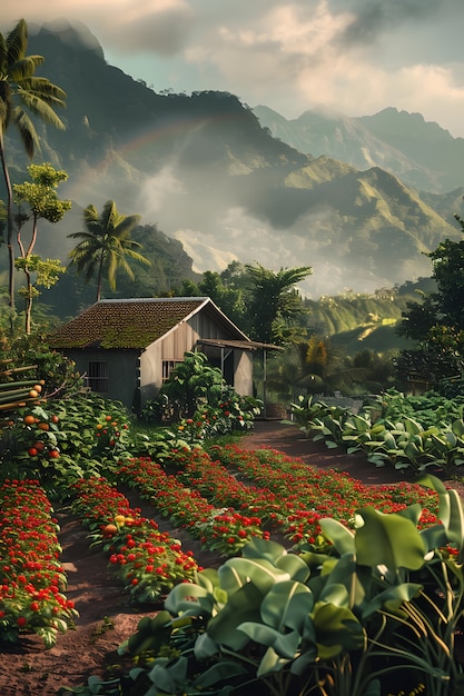 Fotorealistische duurzame tuin met zelfgeteelde planten