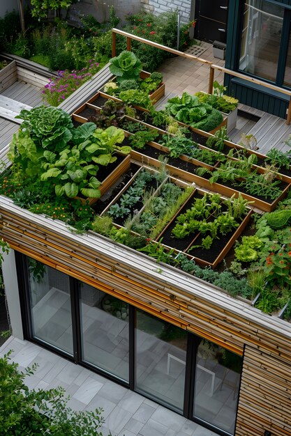 Fotorealistische duurzame tuin met zelfgeteelde planten