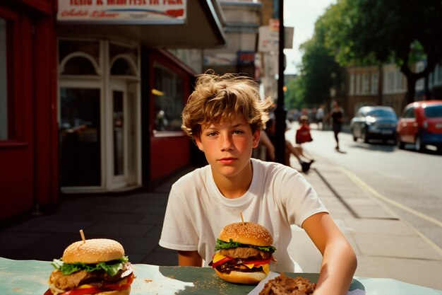 Fotorealistische jongen met burgermaaltijd