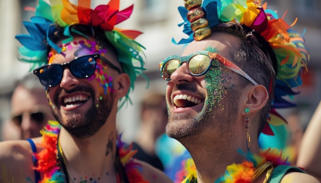 Gratis foto fotorealistische kleurrijke regenboogkleuren met mannen die samen trots vieren