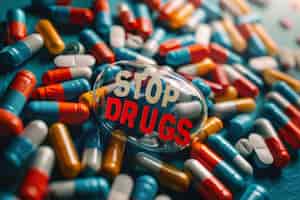 Gratis foto fotorealistische pillen en tabletten in verschillende kleuren met de tekst stop drugs