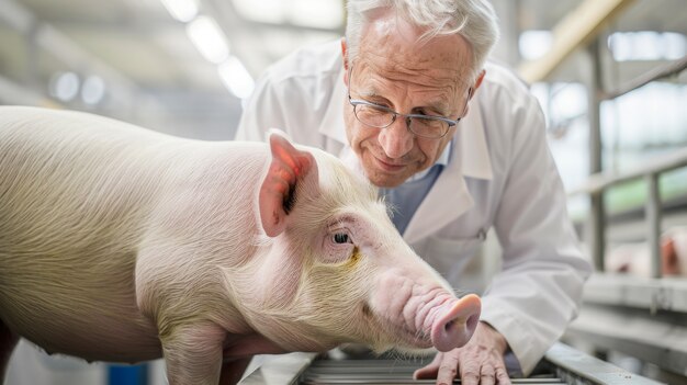 Fotorealistische scène met persoon die voor een varkensboerderij zorgt