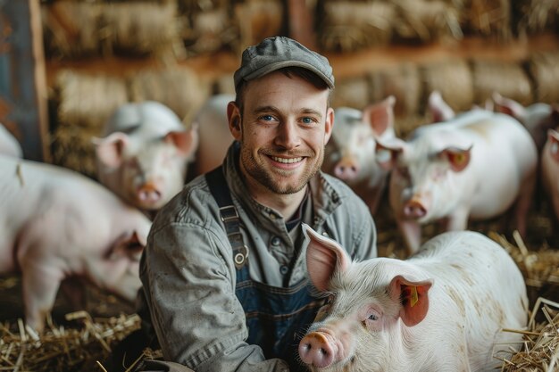 Fotorealistische scène met persoon die voor een varkensboerderij zorgt