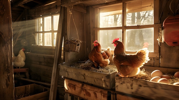 Fotorealistische scène van een pluimveeboerderij met kippen