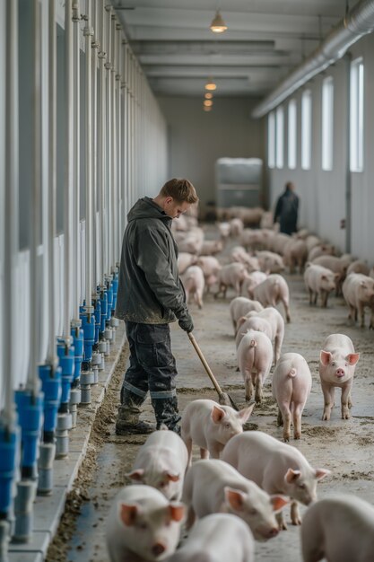 Fotorealistische scène van een varkensboerderij met dieren