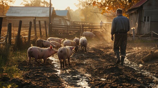 Fotorealistische scène van een varkensboerderij met dieren