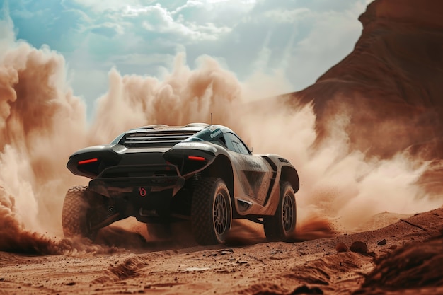 Fotorealistische weergave van een off-roadvoertuig met natuur, terrein en weersomstandigheden