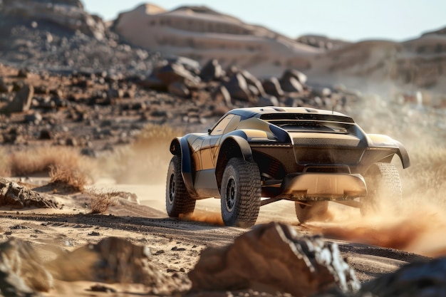 Fotorealistische weergave van een off-roadvoertuig met natuur, terrein en weersomstandigheden