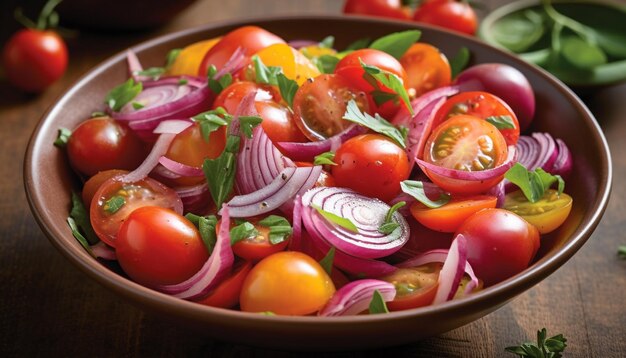 Frisse gastronomische salade met biologische cherrytomaatjes mozzarella gegenereerd door AI