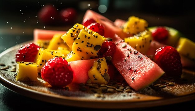 Frisse zomerfruitsalade op houten plaat gegenereerd door AI