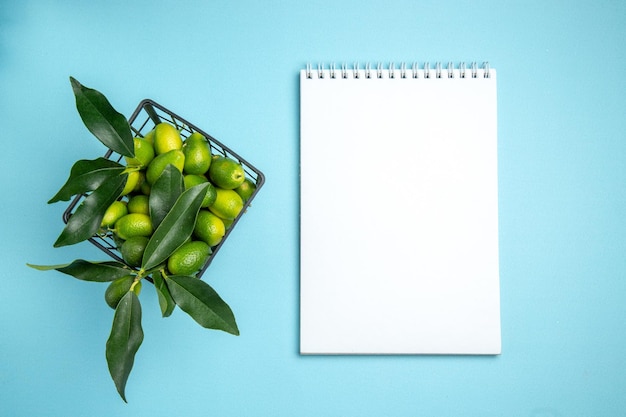 fruit grijze mand met citrusvruchten met bladeren naast het witte notitieboekje