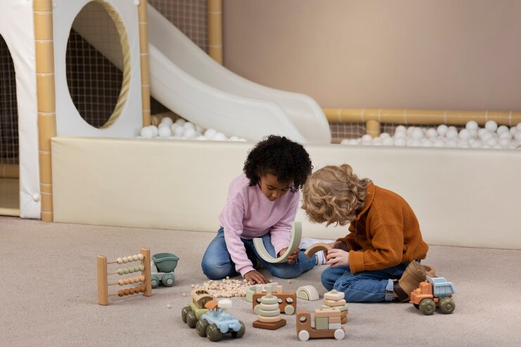Gratis Foto full shot kinderen die binnenshuis spelen met eco-speelgoed