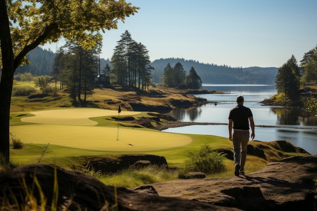 Full shot man die golf speelt in de natuur.