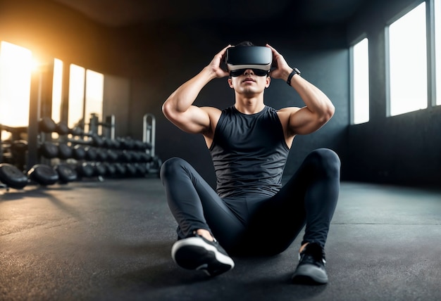 Full shot man doet fitness met vr bril