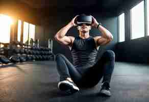 Gratis foto full shot man doet fitness met vr bril