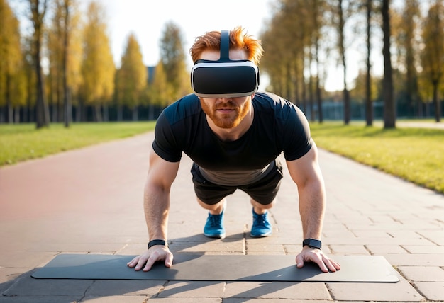 Gratis foto full shot man doet fitness met vr bril