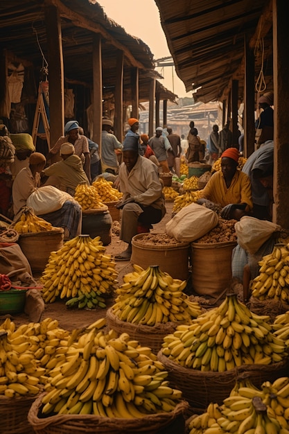 Gratis foto full shot mensen die bananen verkopen