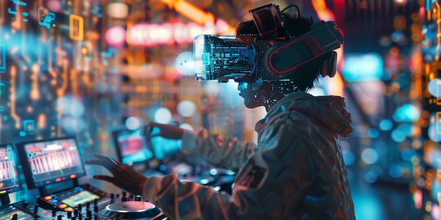 Gratis foto futuristic dj using virtual reality glasses to headline party and play music