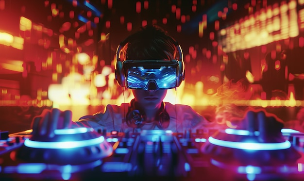 Gratis foto futuristic dj using virtual reality glasses to headline party and play music