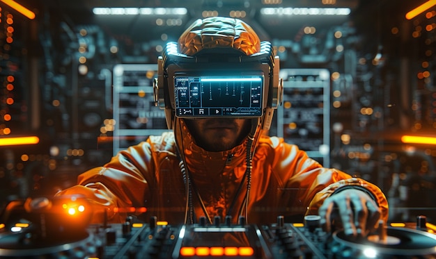 Gratis foto futuristic set with dj in charge of music using virtual reality glasses