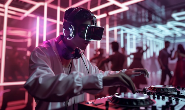 Gratis foto futuristic set with dj in charge of music using virtual reality glasses