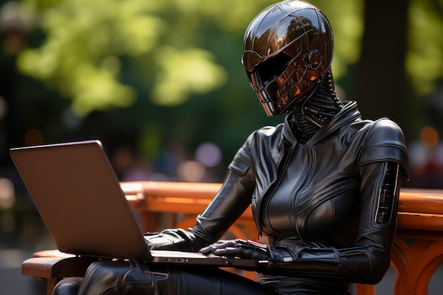 Futuristisch beeld van cyborg die gegevens verwerkt op een laptop in een café en een humanoïde robot in een it-team integreert