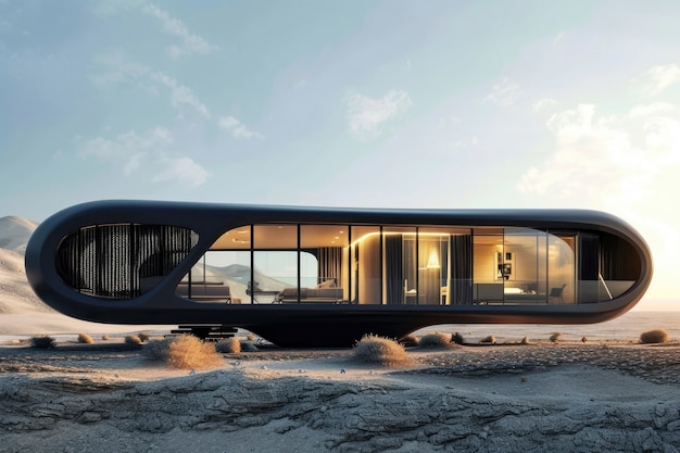 Futuristisch gebouw naadloos in het woestijnlandschap