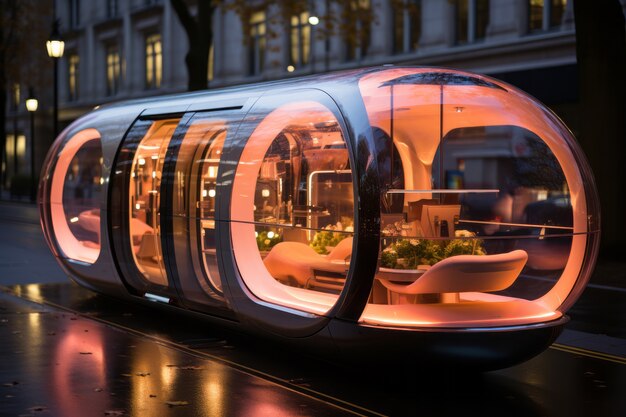 Futuristisch vervoermiddel in een ultramoderne stad