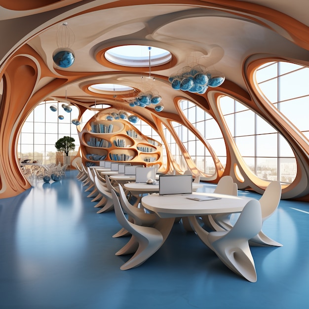 Futuristisch zicht op een schoolklaslokaal met ultramoderne architectuur