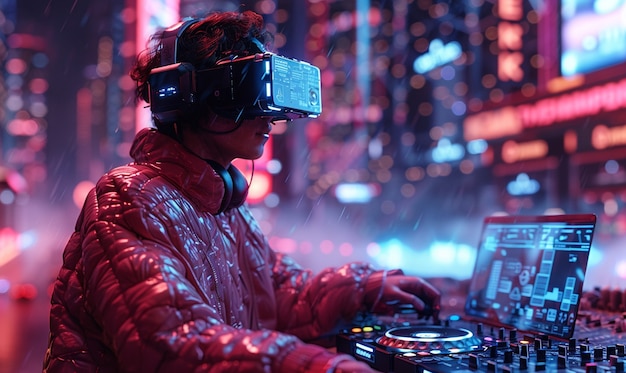 Futuristische DJ met een virtual reality bril om het feest te leiden en muziek te spelen