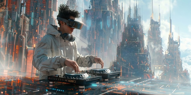 Futuristische DJ met een virtual reality bril om het feest te leiden en muziek te spelen