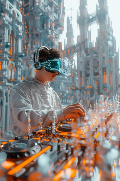 Gratis foto futuristische dj met een virtual reality bril om het feest te leiden en muziek te spelen