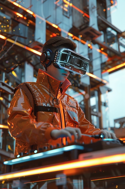 Futuristische DJ met een virtual reality bril om het feest te leiden en muziek te spelen