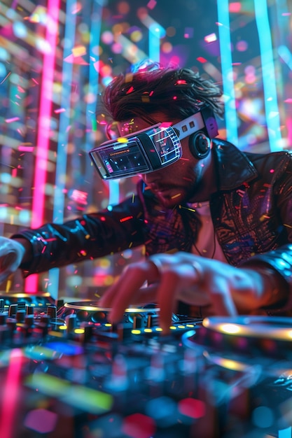 Gratis foto futuristische dj met een virtual reality bril om het feest te leiden en muziek te spelen