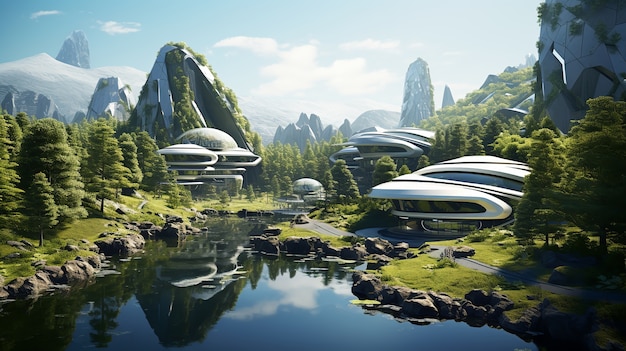 Futuristische gebouwen in de natuur