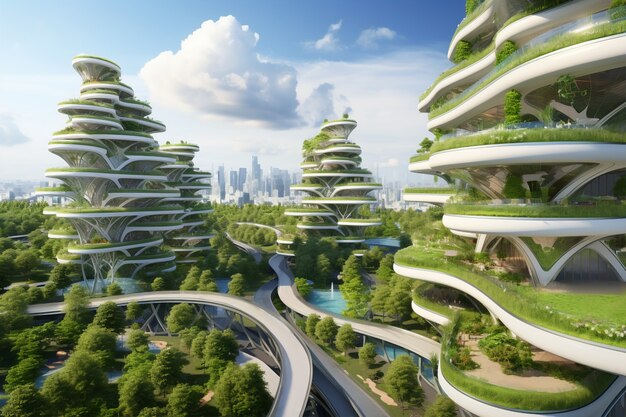 Futuristische milieuvriendelijke stad met groene ruimtes