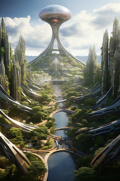 Gratis foto futuristische milieuvriendelijke stad met groene ruimtes
