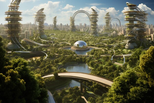 Futuristische milieuvriendelijke stad met groene ruimtes